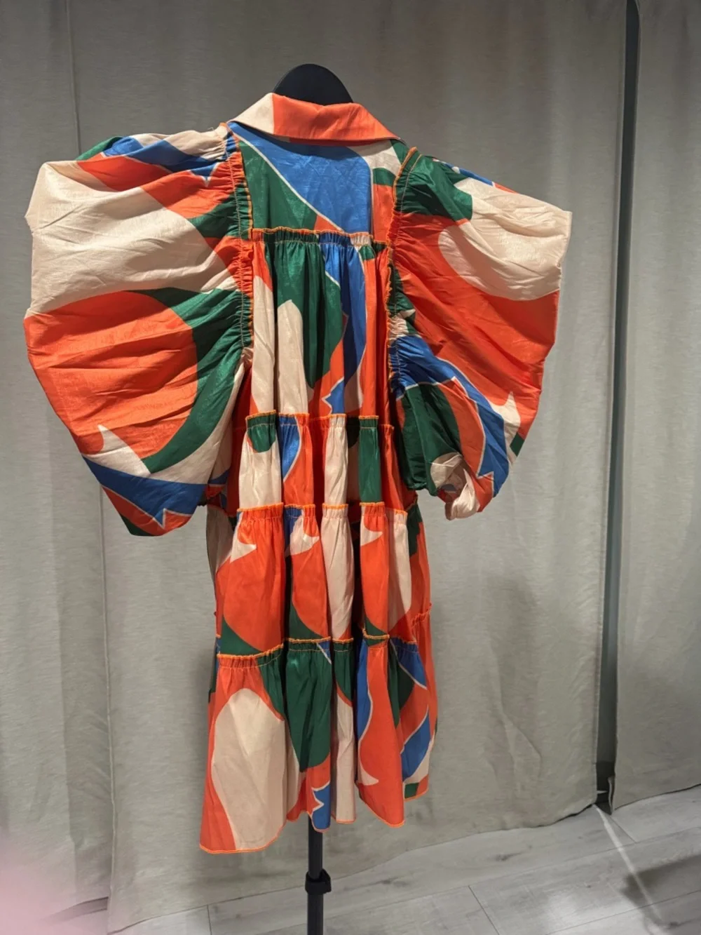 Color-Block Puff Sleeve Tiered Dress in Orange, Green & Blue - Picture 2 of 2